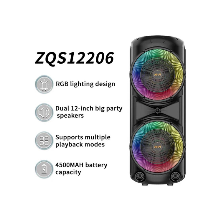 اسپیکر قابلحمل بلوتوثی مدل ZQS12206 با نور RGB و دو میکروفون بیسیم
